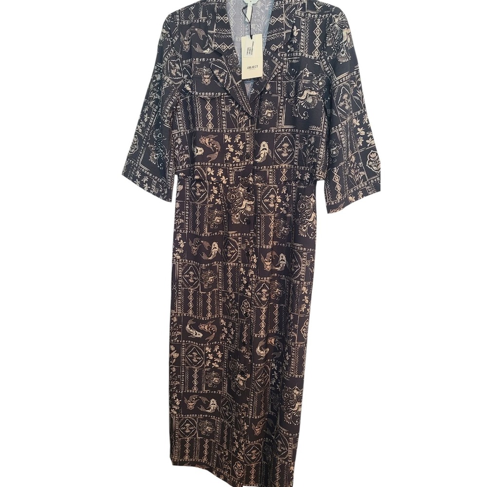 Object Dress 3/4 Sleeve Shirt Dress Size 2 Carcoal Gray/Cream